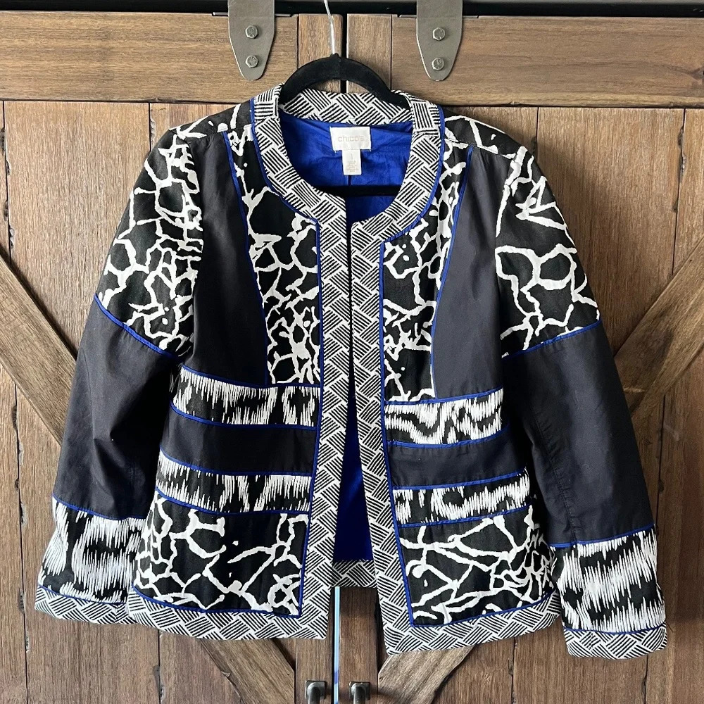 Chico's Artisan Jacquard Blocked Pattern Black/Blue Jacket Size Medium EUC